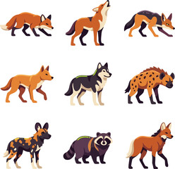 Obraz premium This illustration features a diverse array of canid and other wild animal species, including foxes, wolves, coyotes, hyenas, raccoons, and dingoes, each rendered with distinctive markings.