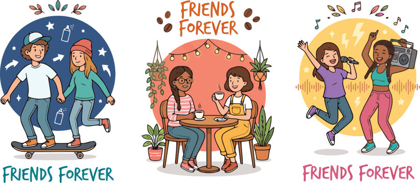 Hand-drawn friends forever vector illustrations, diverse best friends enjoying lifestyle activities, teenage friendship and bonding scenes set
