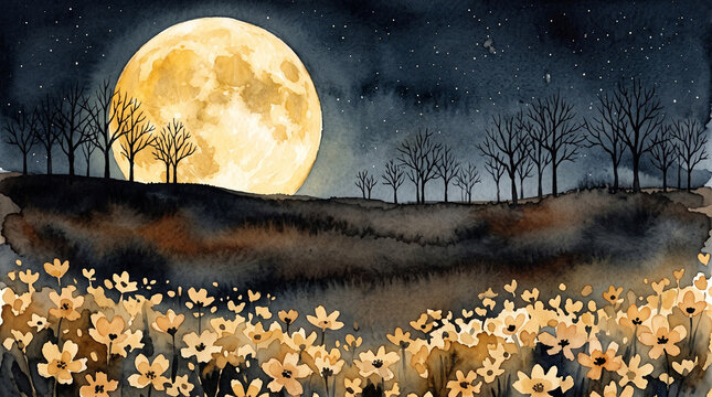 Watercolor painting of a large full moon rising over a dark landscape with bare trees and a field of yellow flowers under a starry night sky