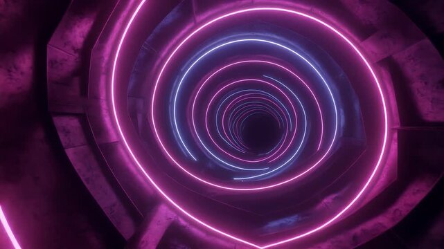 A mesmerizing three-panel image showcases a futuristic, spiraling tunnel illuminated by vibrant neon lights in shades of pink and blue.