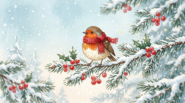 A cute robin bird wearing a red knitted scarf perched on a snowcovered pine branch with holly berries in a winter forest setting