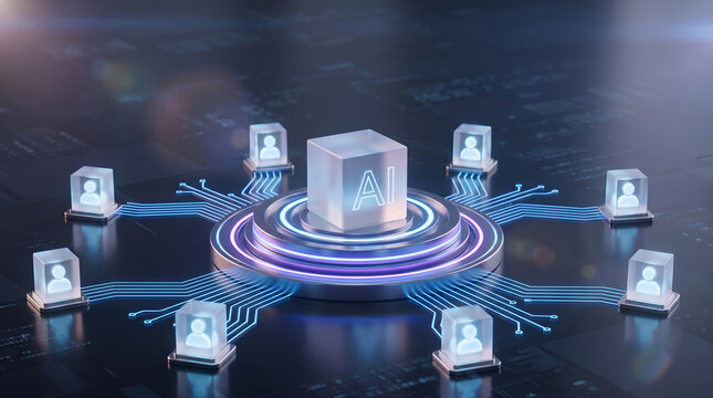 Futuristic AI Cube Connecting Multiple User Icons in a Glowing Digital Network Concept