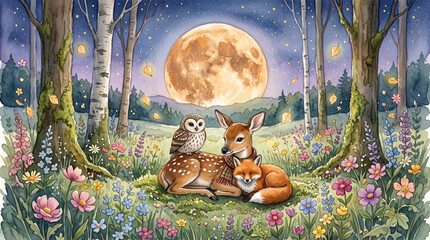 Obraz premium Enchanting watercolor forest scene with a deer, owl, and fox resting among wildflowers under a big full moon and starry night sky