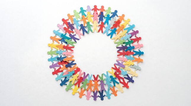 Paper people united in a circle symbolizing global equality, justice, and freedom for a diverse society working together in harmony