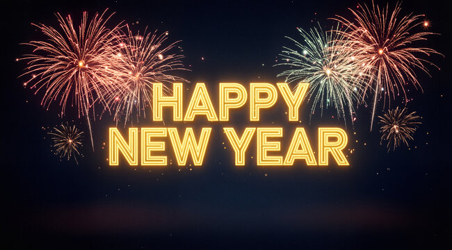 Happy New Year  glowing text with fireworks
