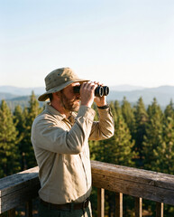 Obraz premium Forest ranger watching for wildfire from elevated observation tower