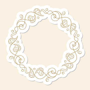 Airy golden frame sticker - delicate minimalist wreath with flowing swirls and leaves, light botanical circular border, elegant vector design for planners and stickers