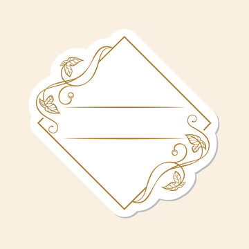 Vintage diamond label sticker - elegant rhombus frame with botanical leaves and swirls in gold, decorative product tag with text lines. Vector design for packaging and gifts
