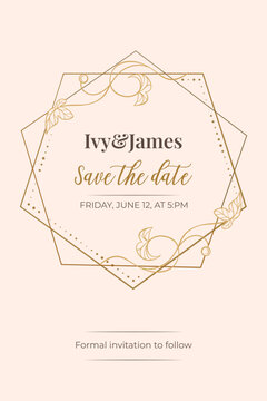 Save the date card with hexagonal geometric gold frame and botanical leaves, elegant minimalist design, romantic beige template for wedding pre-invitation announcement
