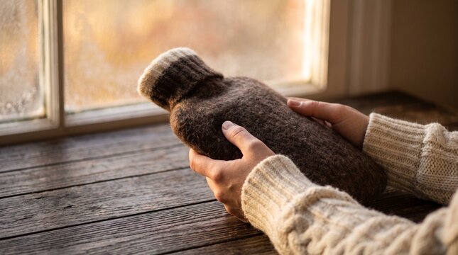 Hands in Cream Cable Knit Sweater Holding Hot Water Bottle Near Frosty Winter Window
