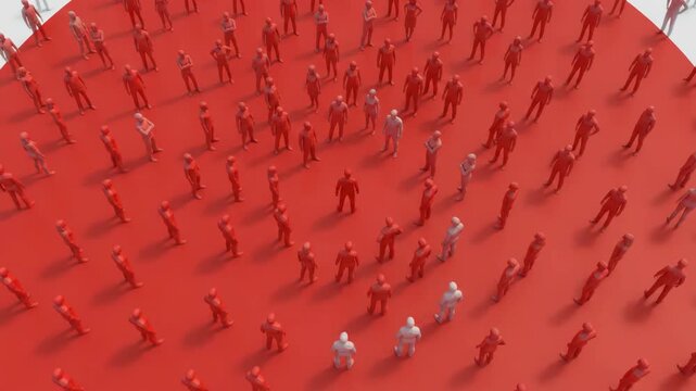 3D rendering of a large crowd of tiny people standing on a red circle, with a few individuals in white standing out from the red majority.