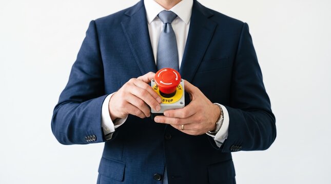 Businessman in suit holding a large red emergency stop button, symbolizing crisis management, risk control, stopping losses, or halting operations in a corporate environment concept.