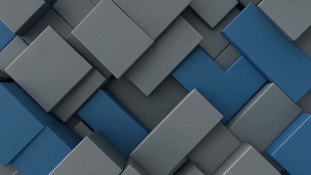 Abstract geometric background with overlapping blue and gray squares arranged in a diagonal pattern.