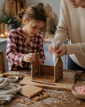 Parent and Child Building a Gingerbread House Together at Christmas