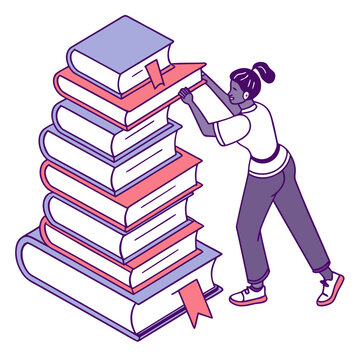 Person organizing large stack of books isometric illustration with stacking book