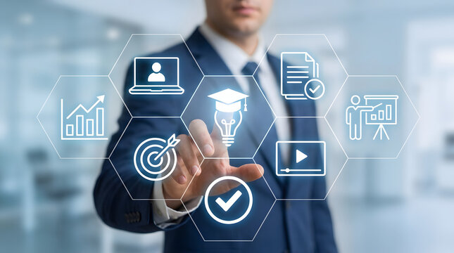 Businessman interacting with digital education and training icons on a virtual