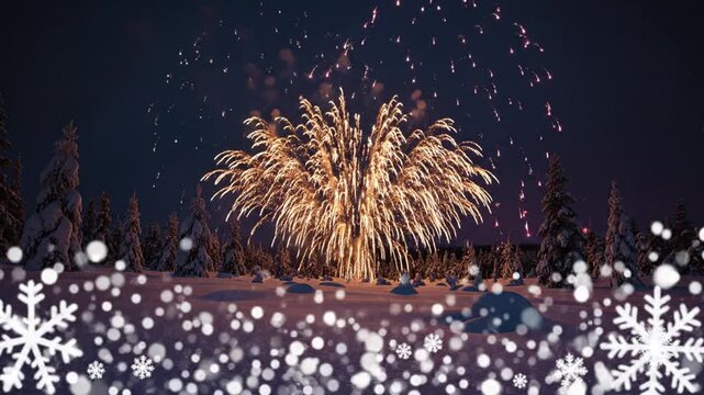 Winter Night Fireworks Celebration in Snowy Forest