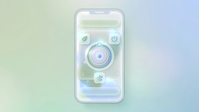A sleek, futuristic smartphone interface displays clean, minimalist icons for eco-friendly features, suggesting a harmonious blend of technology and nature.