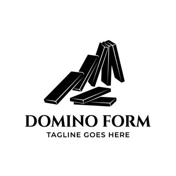 Dynamic falling domino tiles logo in black and white.