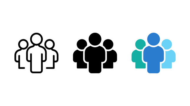 Set of three people group user icons in outline solid and colorful styles with community