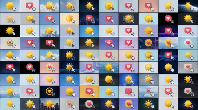 Collage of digital icons featuring sun symbols and heart like buttons with computer mouse cursors on various backgrounds