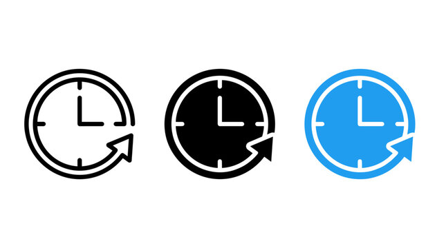 Set of three clock icons with a reload arrow in outline solid and blue styles