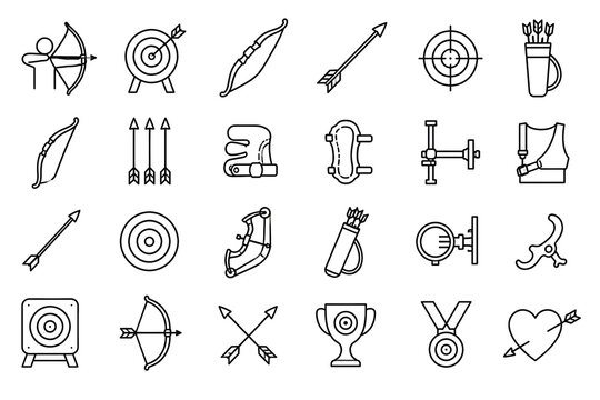Archery equipment and sport linear vector icons set with bow, arrow, target, and competition symbols
