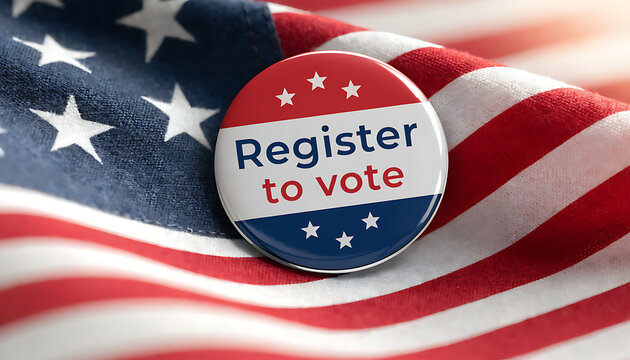 Register to Vote Pin Badge on American Flag Background - Macro Close-Up
