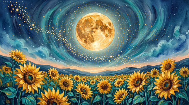 A vibrant field of sunflowers under a magical night sky with a large glowing full moon and swirling stardust in a painterly style