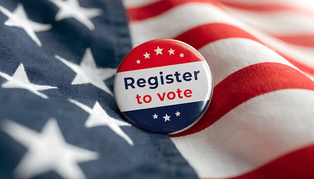 Register to Vote Pin Badge on American Flag Background - Macro Close-Up