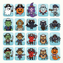 Fototapeta premium Kawaii Halloween pirate icons, 20 nautical monster avatars in vector format, cute spooky character stickers for children party decor isolated on White Background Halloween ,Editable Eps