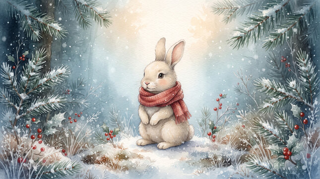 Cute winter bunny wearing red scarf in snowy forest with pine branches watercolor illustration