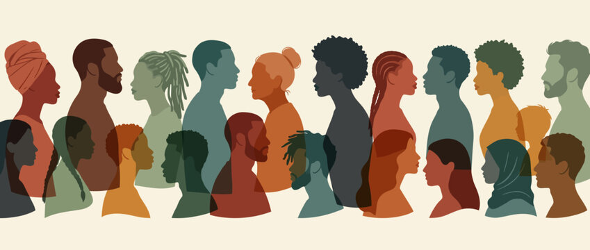 Diverse group of people profile silhouettes on beige background, social unity and diversity