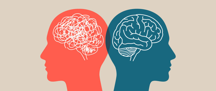 Mental health contrast with chaotic and organized brain silhouettes on neutral background