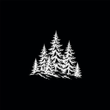Vector sketch of fir trees under snow on a black background