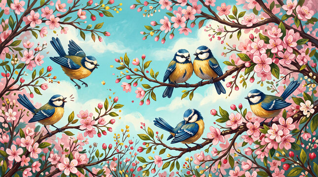 Cute little blue tits birds resting and singing on blossoming spring cherry tree branches