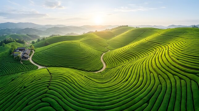 Lush tea fields roll gently under golden sunrise