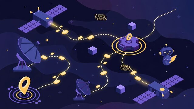 A cosmic network of interconnected satellites and ground stations orchestrates communication in the vast expanse of space, depicted in a stylized isometric illustration.