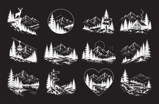Collection of vector sketches of mountains and forests