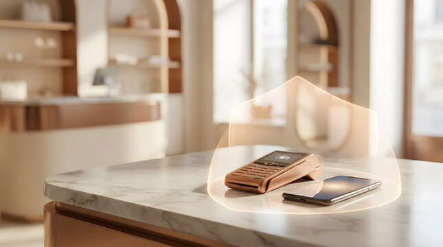Modern payment terminal and a smartphone on a counter in a bright coffee shop