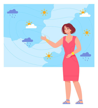 Female meteorologist on tv weather forecast show screen