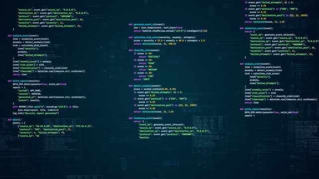 Motion graphic of cybersecurity programming code, displaying dynamic software development scripts and glowing data analysis interfaces designed for modern network computing technology.