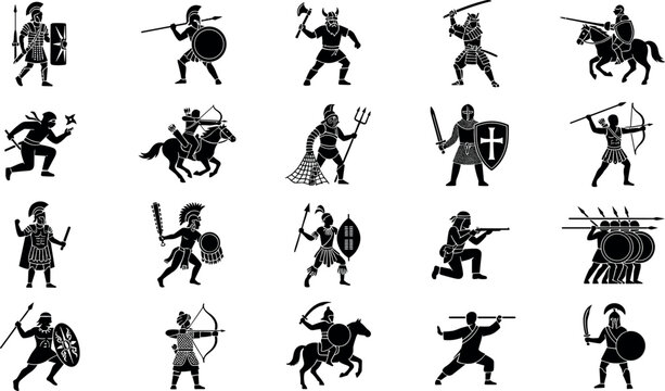 Set of ancient warriors and soldiers silhouettes