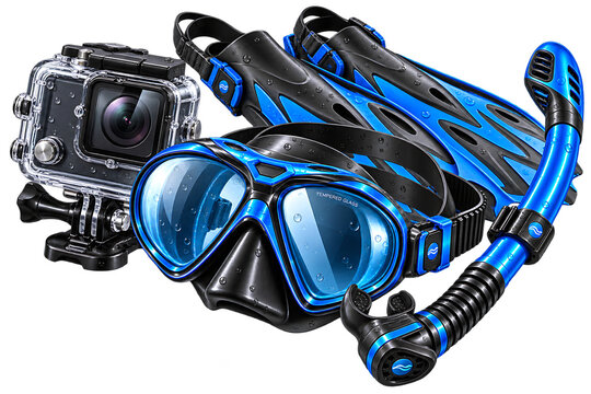 Snorkeling and scuba diving equipment set with an action camera on white background.