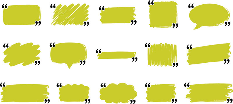 A diverse compilation of bright yellow speech bubbles and text boxes featuring quotation marks set against a clean white backdrop perfect for illustrating communication ideas
