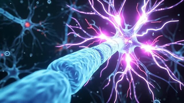 Electrical impulses travel along a blue neuron axon in human brain