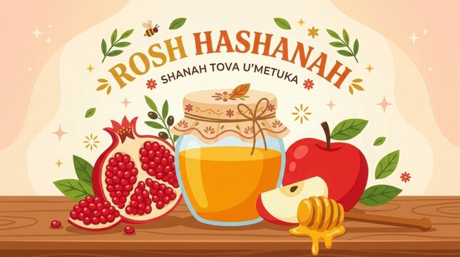 Rosh hashanah greeting card with honey jar, pomegranate, and apple on a wooden table