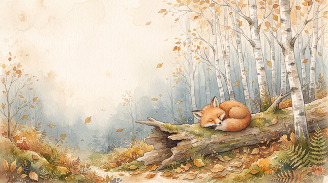 Cute little fox sleeping peacefully curled up on a mossy fallen tree log in a serene autumn forest watercolor landscape background