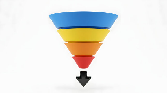 A colorful four layered funnel graphic with a black arrow pointing downwards