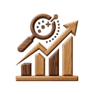 Wooden Business Analytics Icon with Growth Chart and Magnifying Glass